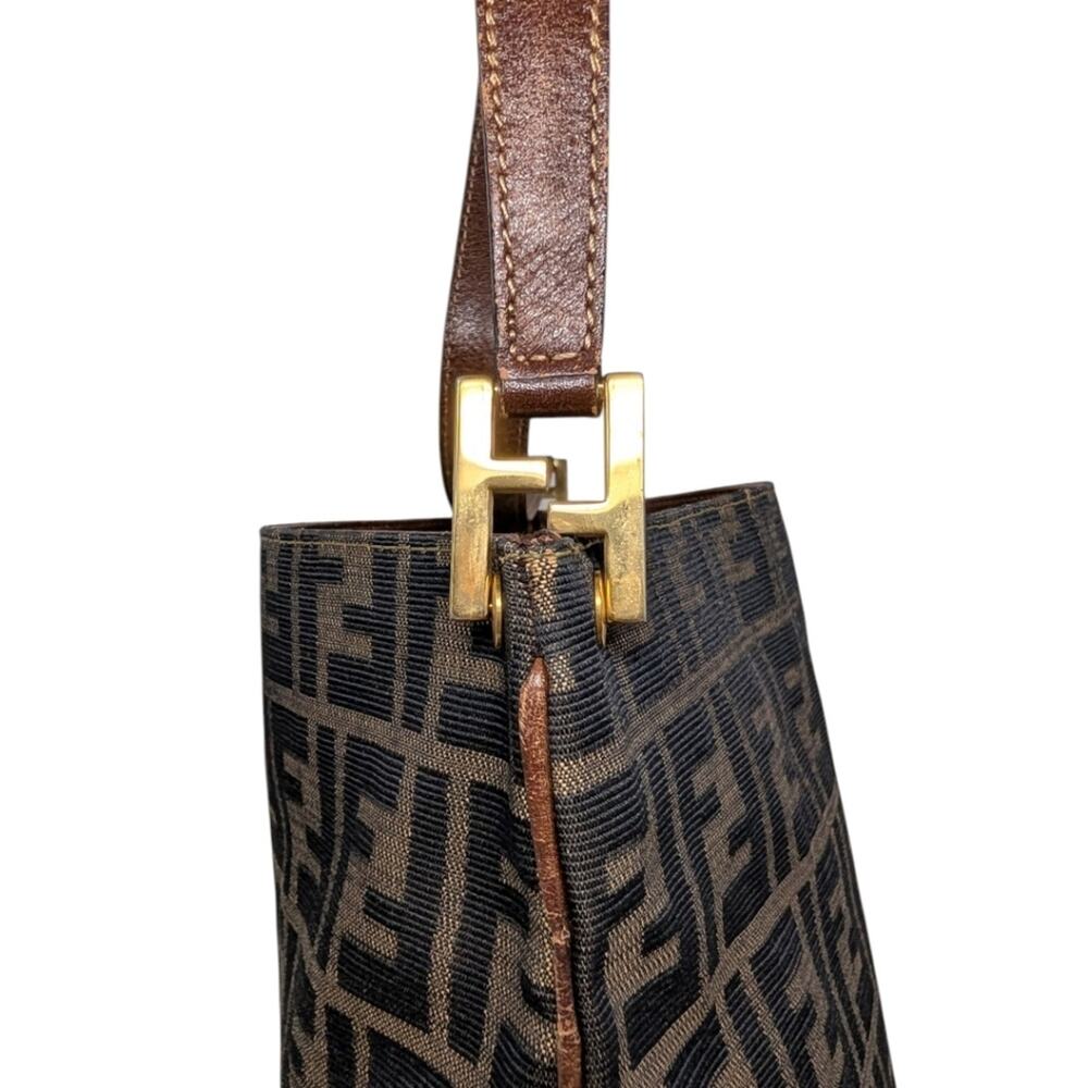 Vintage Fendi Zucca Shoulder Bag Hobo Tobacco FF Gold Hardware Brown Black - Picture 2 of 12